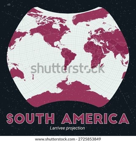South America. World map. Larrivee projection centered to South America. Pale Mint Dark Pink palette. Vintage texture. Alive vector illustration.