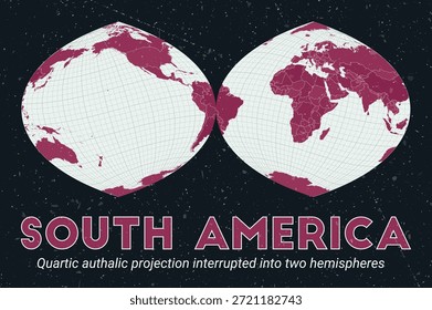 Sudamérica. Mapa mundial. La proyección cátrica cuártica se interrumpió en dos hemisferios centrados en América del Sur. Pale Mint Dark Pink. Textura de Antiguas. Ilustración vectorial moderna.