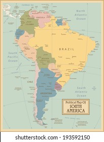 South America-highly detailed map.All elements are separated in editable layers clearly labeled. Vector 