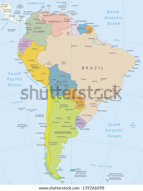 South Americahighly Detailed Map Elements Separated Stock Vector ...