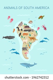  South of American animals map: toucan, pelican, turtle, parrot, capybara, tapir, llama, jaguar, spectacled bear, flamingo, sloth, armadillo, ant-eater.Flat cartoon illustration