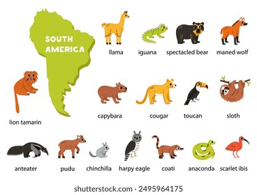 South american animals set with names. South America map of fauna.