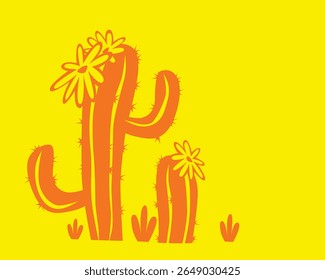 South American cactus with flowers. Graphic drawing on a yellow background. Vector image for prints, poster and illustrations.