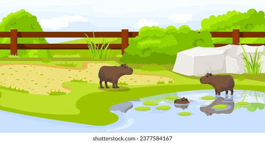 South American capybara standing near fence with pond in zoo. Summer vacation. Natural wildlife. Cartoon design. Cute character. Picturesque landscape. Wild nature. Vector illustration