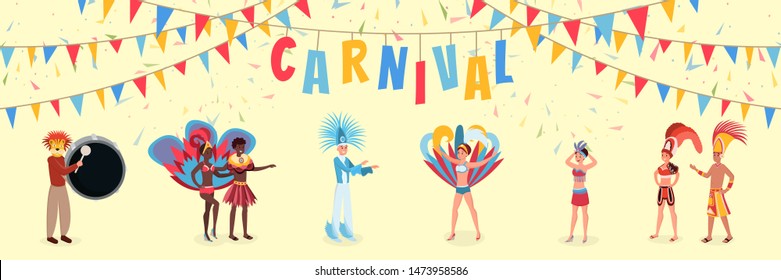 South american carnival flat vector illustration. Happy men and women in beautiful national outfits cartoon characters. Traditional latin holiday celebration party, latino culture banner concept