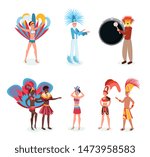 South american carnival vector illustrations set. Young latino men and women in authentic costumes cartoon characters. Traditional brazilian holiday celebration, smiling people in beautiful outfits
