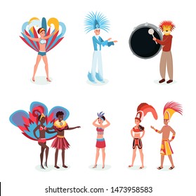 South american carnival vector illustrations set. Young latino men and women in authentic costumes cartoon characters. Traditional brazilian holiday celebration, smiling people in beautiful outfits