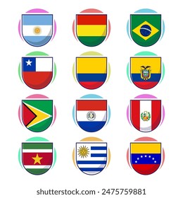 Banderas de América del Sur. Diseño plano de elementos de Vector de dibujos animados, símbolos de viaje, símbolos de Lugar famoso, geografía y emblema de mapas.