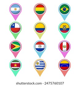 South american continent flags. Flat vector map element design, travel symbols, landmark symbols, geography and map flags emblem.