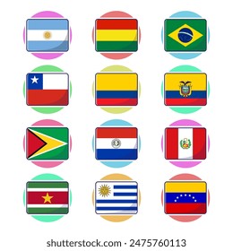 South american continent flags. Flat rectangle vector element design, travel symbols, landmark symbols, geography and map flags emblem.