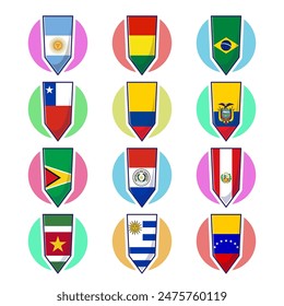 South american continent flags. Flags vector element design, travel symbols, landmark symbols, geography and map flags emblem.