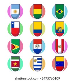 South american continents flags. Cute vector element design, travel symbols, landmark symbols, geography and map flags emblem.