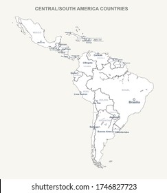 mapa de países sudamericanos. mapa vectorial de américa latina. mapa central de sudamérica. 