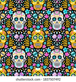 South american Day of the Dead background of ethnic sugar skulls, marigold flowers and traditional mexican maracas musical instruments for fabric prints, wallpapers. EPS 10 vector seamless pattern.