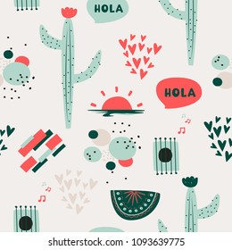 South American ethnic pattern with cactus, abstract compositions and hearts. Cute vector background.