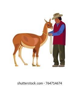 South American Farmer With Guanaco. Vector Illustration Isolated On The White Background