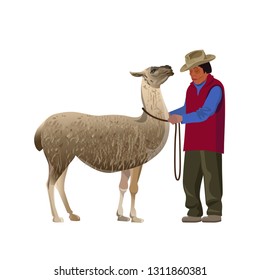 South American Farmer With Llama. Vector Illustration Isolated On The White Background