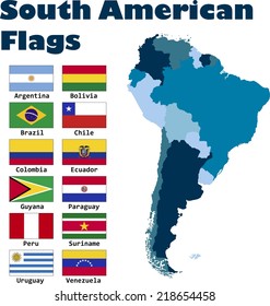 South American Flag Set In Alphabetical Order, With An Editable Map.