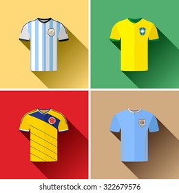 South American Football Team Jerseys Flat Icon Set. Set of vector flat icon graphics representing the football team jerseys for Argentina, Brazil, Colombia and Uruguay.