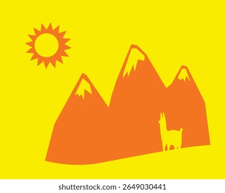 Paisagem sul-americana. Montanhas cobertas de neve e silhueta de uma lhama branca. Imagem vetorial para impressões, cartazes e ilustrações.