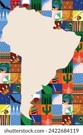 South american map, pattern design icons and simbols - mosaic with vivid colors