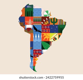 South american map, pattern design icons and simbols - mosaic with vivid colors