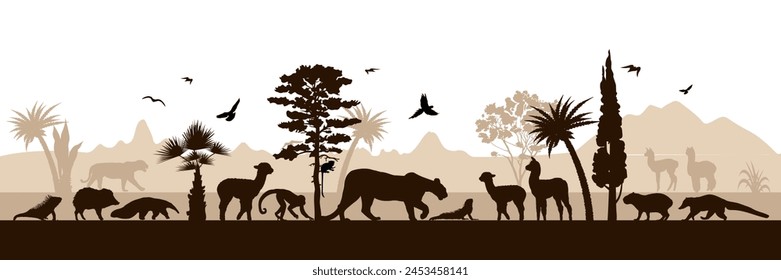  Südamerikanisches Panorama mit Silhouetten von wilden Tieren. Vektorillustration.