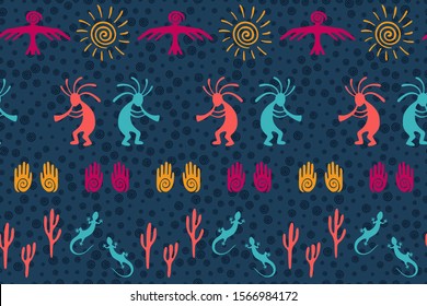 South american Peru flute player vector ethnic tribal motifs seamless pattern. Mythical design with lizard, Kokopelli fertility deity, sun, eagle, cacti. Peruvian elements modern pattern.