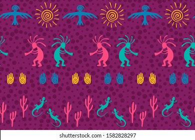 South american Peru flute player vector ethnic tribal motifs seamless pattern. Mythical design with lizard, Kokopelli fertility deity, sun, eagle, cacti. Peruvian elements modern pattern.