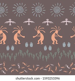 South american Peru flute player vector ethnic tribal motifs seamless pattern. Mythical design with trickster god, swirl icons on human palm, sun, eagle. Peruvian elements modern pattern.