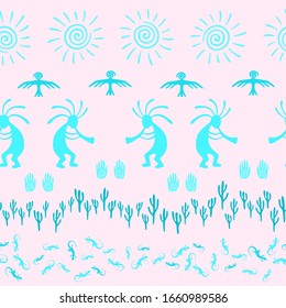 South american Peru flute player vector ethnic tribal motifs seamless pattern. Mythical design with humpbacked man playing flute musical instrument. Peruvian myth elements graphics.