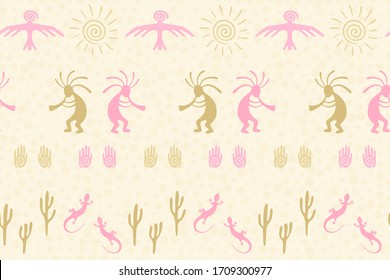 South american Peru flute player vector ethnic tribal motifs seamless pattern. Traditional design with humpbacked man playing flute musical instrument. Peruvian art abstract pattern.