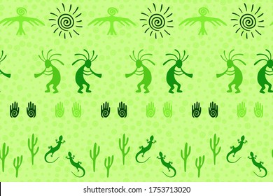 South american Peru flute player vector ethnic tribal motifs seamless pattern. Folk design with gecko, Kokopelli fertility god, sun, bird, cacti. Navajo indian art abstract pattern.