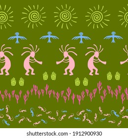 South american Peru flute player vector ethnic tribal motifs seamless pattern. Traditional design with gecko, Kokopelli fertility god, sun, bird, cacti. African elements modern pattern.
