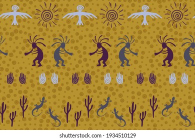 South american Peru flute player vector ethnic tribal motifs seamless pattern. Folk design with gecko, Kokopelli fertility god, sun, bird, cacti. Peruvian signs cute pattern.