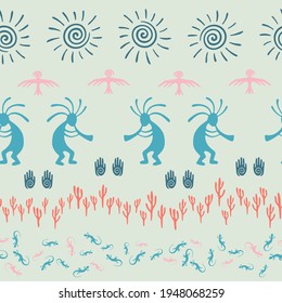 South american Peru flute player vector ethnic tribal motifs seamless pattern. Traditional design with humpbacked man playing flute musical instrument. Peruvian character illustration.