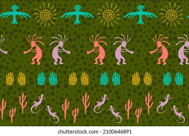 South american Peru flute player vector ethnic tribal motifs seamless pattern. Traditional design with gecko, Kokopelli fertility god, sun, bird, cacti. Peruvian myth elements graphics.