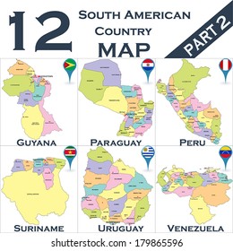 South American political map set with map pointers - Part 1