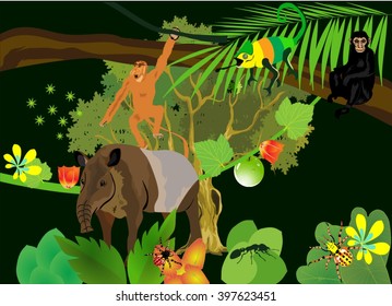 In south american rainforest, tapir, howler monkeys, plants, flowers. Vector illustration