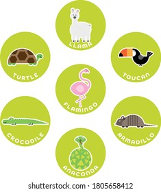 South American wild animals collection. Set of 7 cartoon characters in the circle with name labels. Vector illustration.