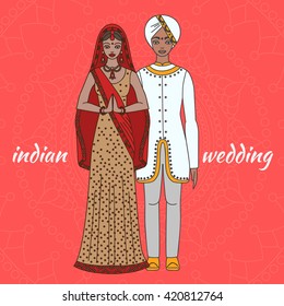  South Asia Bride And Groom, Wedding Ceremony. Indian Traditional Celebration, Love Couple, Hinduism Costume Outline Vector