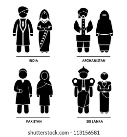 South Asia - India Afghanistan Pakistan Sri Lanka Man Woman People National Traditional Costume Dress Clothing Icon Symbol Sign Pictogram