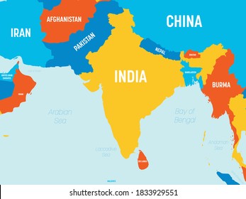 South Asia map - 4 bright color scheme. High detailed political map of southern asian region and Indian subcontinent with country, ocean and sea names labeling.