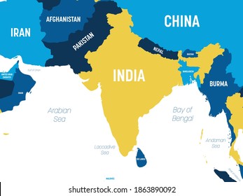 South Asia map - brown orange hue colored on dark background. High detailed political map of southern asian region and Indian subcontinent with country, ocean and sea names labeling.