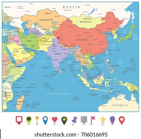 South Asia Map and Flat Map Markers. Detailed vector map of South Asia.