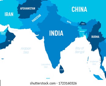 South Asia map - green hue colored on dark background. High detailed political map of southern asian region and Indian subcontinent with country, capital, ocean and sea names labeling.