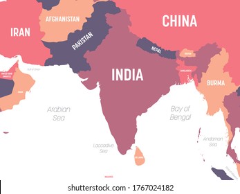 South Asia map. High detailed political map of southern asian region and Indian subcontinent with country, ocean and sea names labeling.