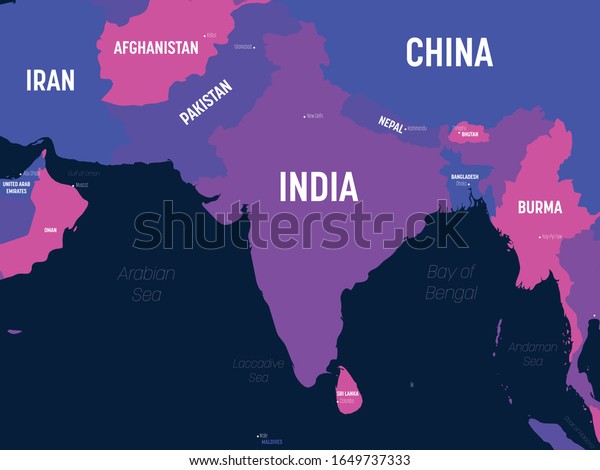 南アジアの地図 南アジア地域とインド亜大陸の高い詳細な政治地図 国名 首都名 海名 海名のラベル付き のベクター画像素材 ロイヤリティフリー