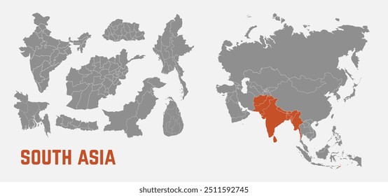 Mapa do Sul da Ásia. Índia, Afeganistão, Nepal, Butão, Mianmar, Bangladesh, Paquistão mapeia com regiões. Mapa da Ásia isolado no fundo branco. Alto detalhado. Ilustração vetorial	