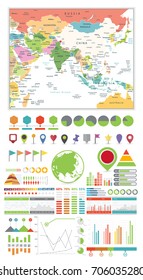 South Asia Map and Infographics Design Elements. Business template in flat style for presentation, booklet, website and other creative projects.